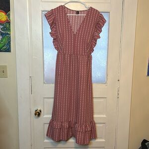 Women’s Dusty Pink and White Ruffle Sleeve Midi Dress with Back Tie Size 2XL